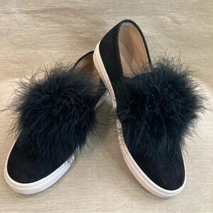 STEVE MADDEN Sz 7.5 Emily Black Suede Feather Pom Pom  Slip On Sneakers Shoes